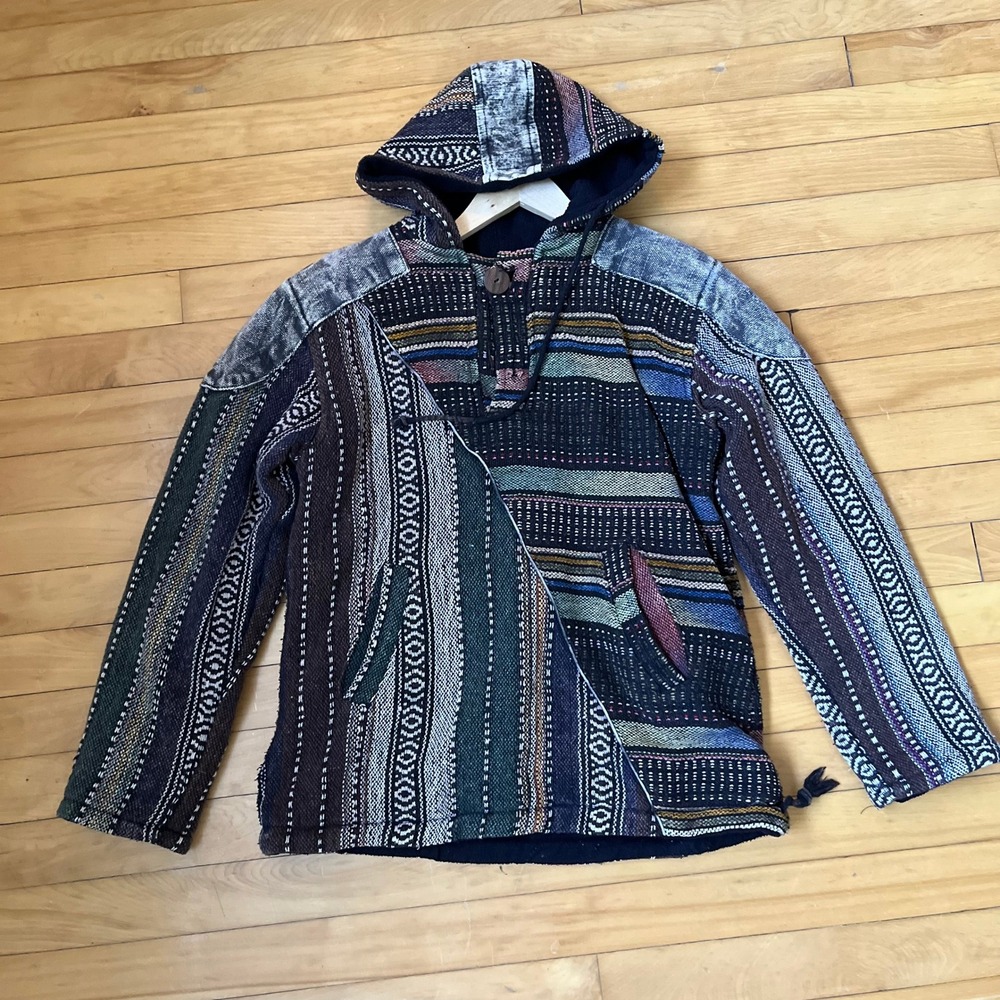 Little Kathmandu Patchwork Baja Hoodie Fleece Lined Woven Cotton Mens Medium